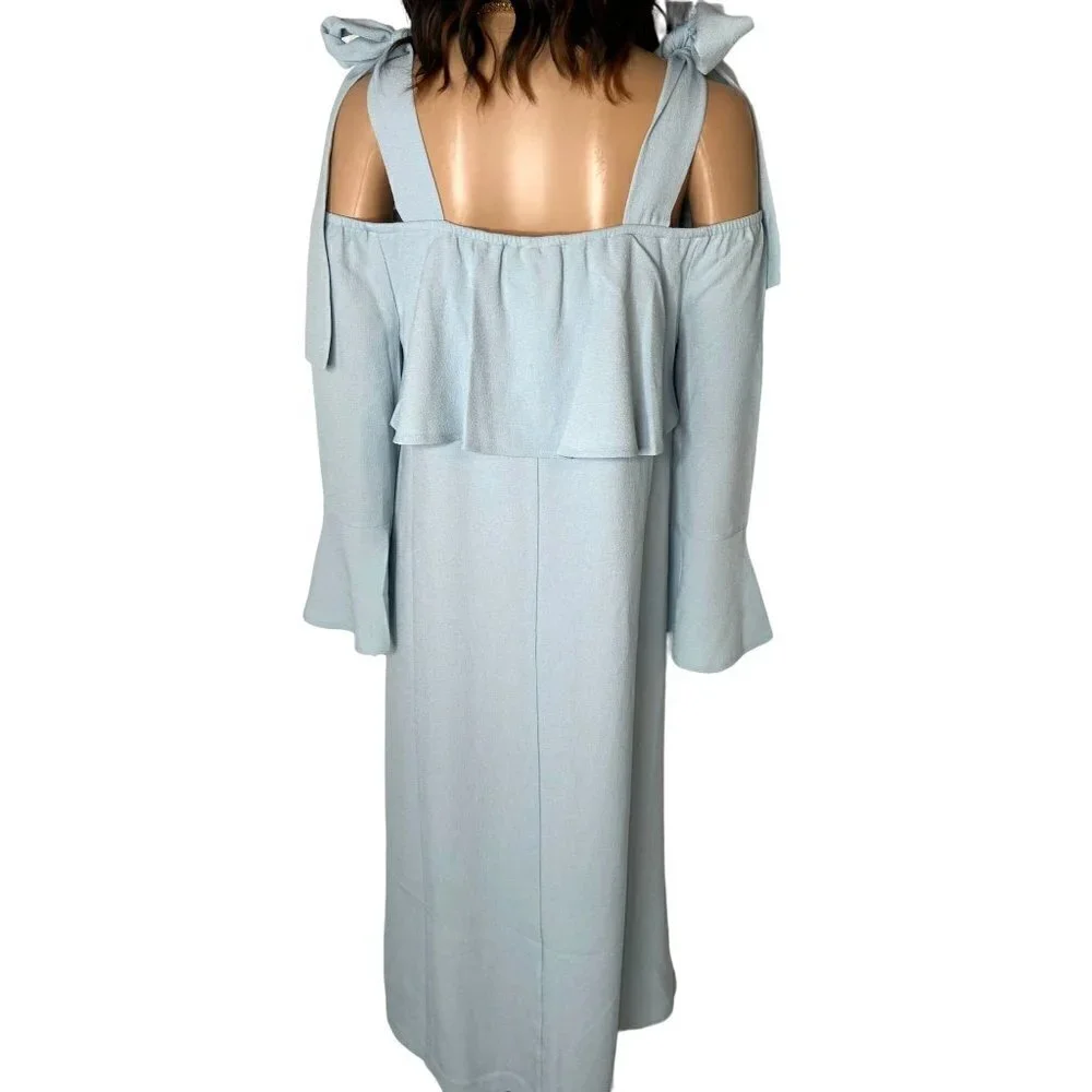 Ganni Clark Cold Shoulder Ruffle Midi Dress Sterling Blue Size 4